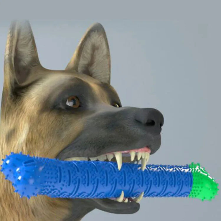 Blue and green silicone dog dental chew toy with textured brush head for teeth cleaning.