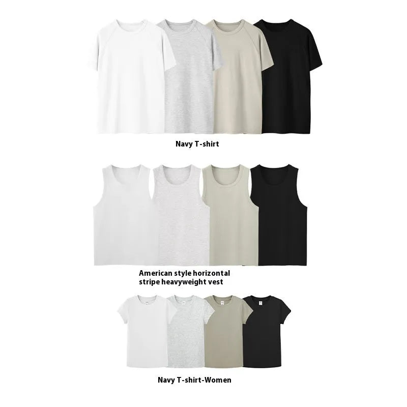 Slim fit men's cotton blend T-shirt and vest in black, beige, and grey colours on a hanger.