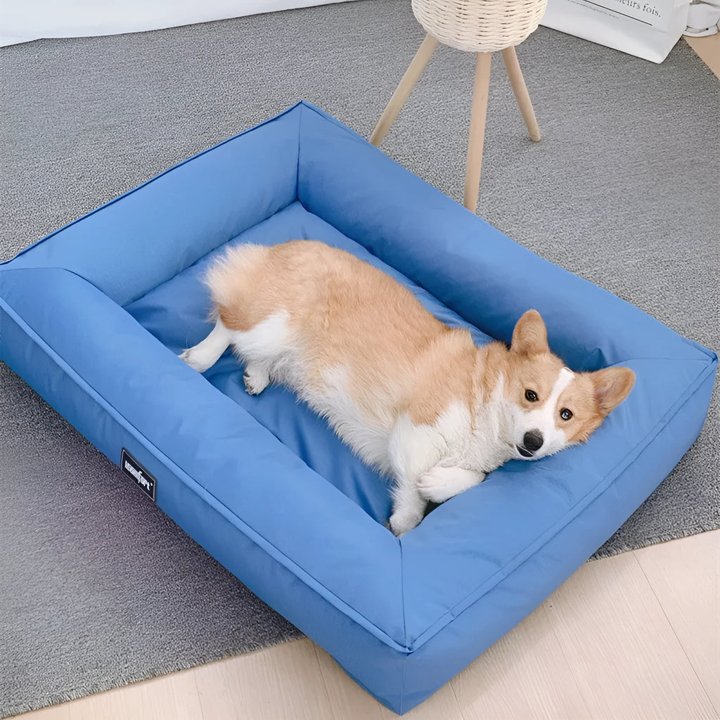 XL wooden waterproof dog mat in sky blue, removable from a kennel.