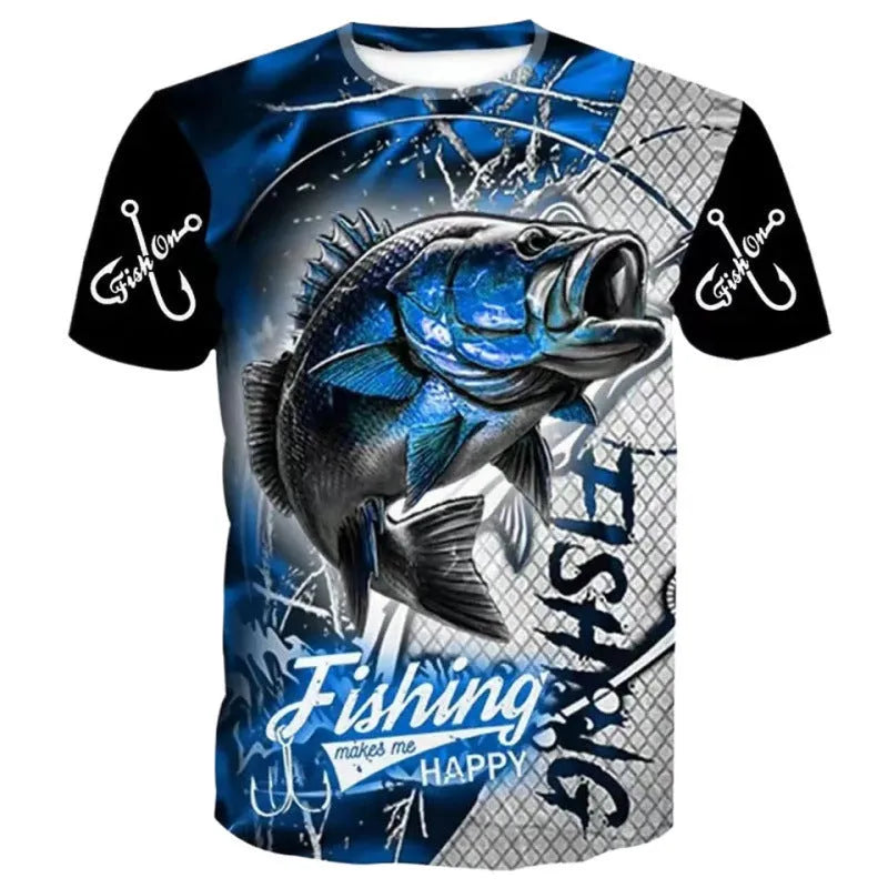Men's fishing pattern printed short sleeve shirt in loose fit with digital printing on polyester flat mop cloth