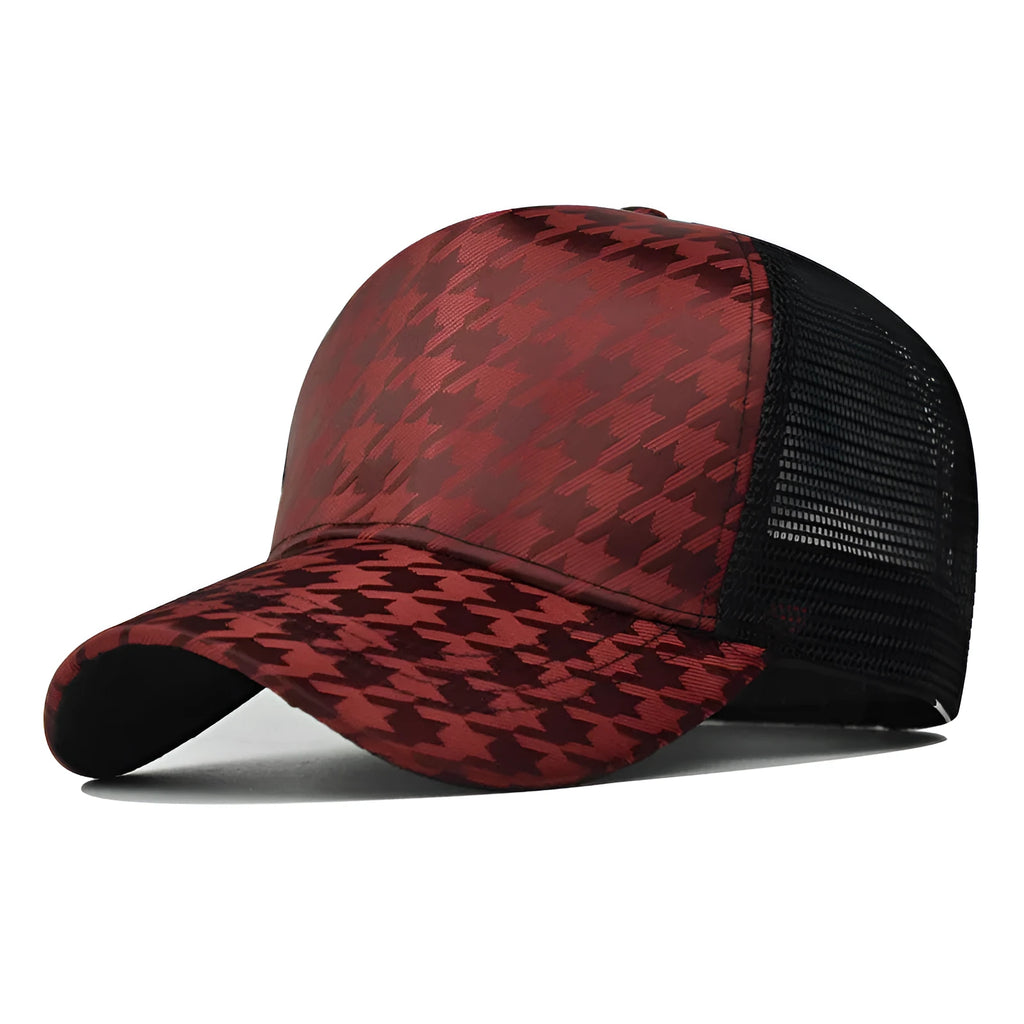Houndstooth baseball cap in woolen plaid, size M 56-58cm, available in red, grey, or black for men and women