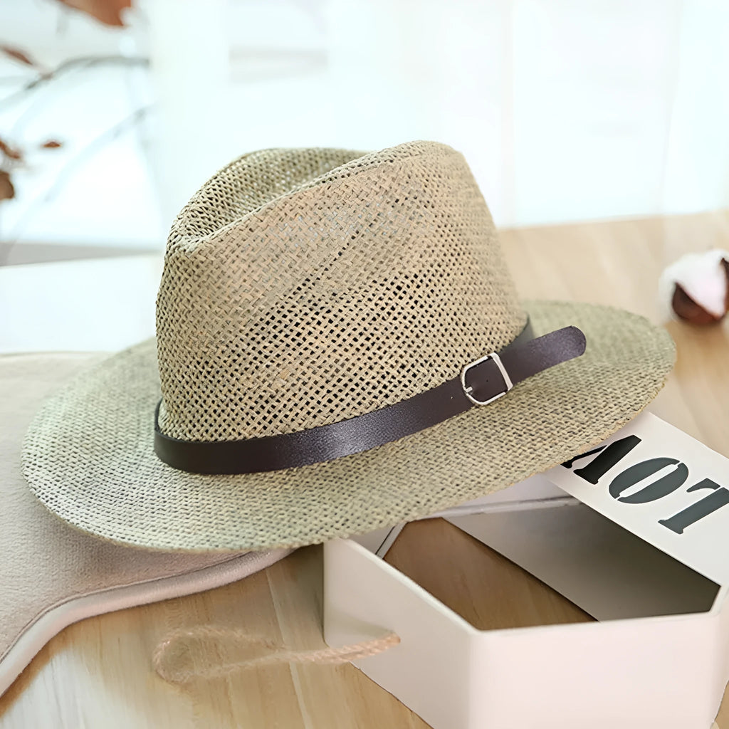 Panama straw hat in khaki with bell crown and woven construction on head