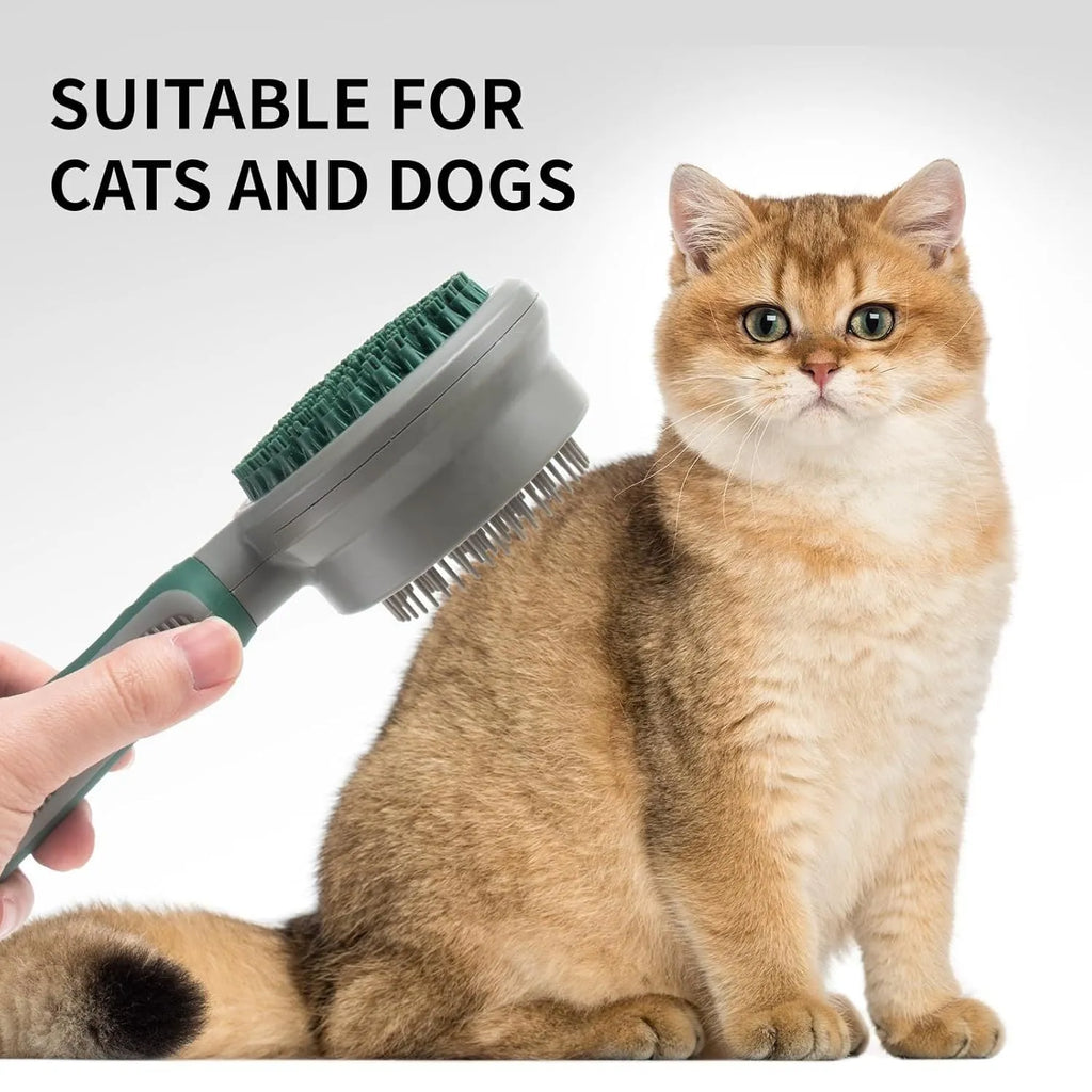 Green and pink dual-sided cat and dog brush with slicker comb and silicone massage head.