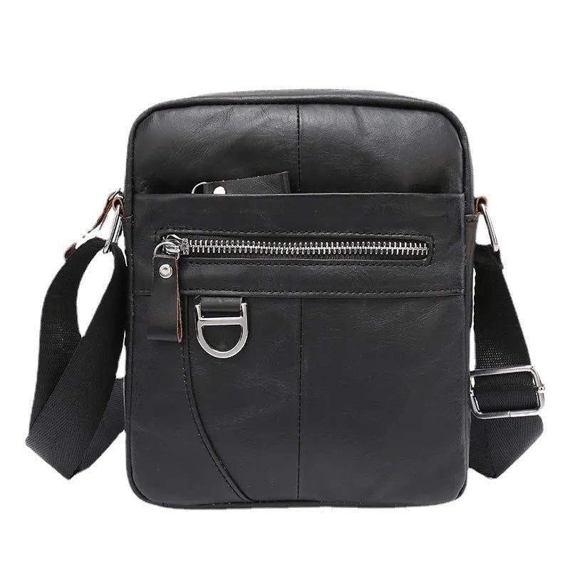 Brown genuine leather messenger bag with crossbody strap showing sewing-line detailing