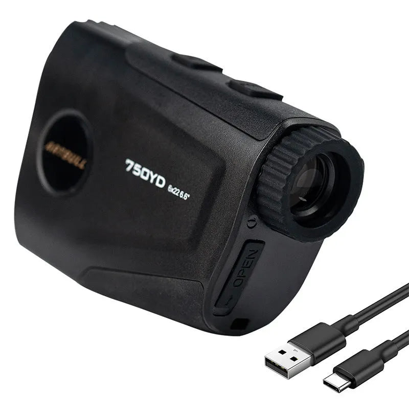 Golf laser rangefinder showing LCD display with distance measurement and slope compensation indicator