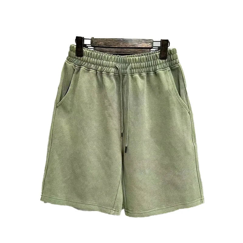 Men's loose straight-leg casual shorts in distressed solid colour cotton fabric