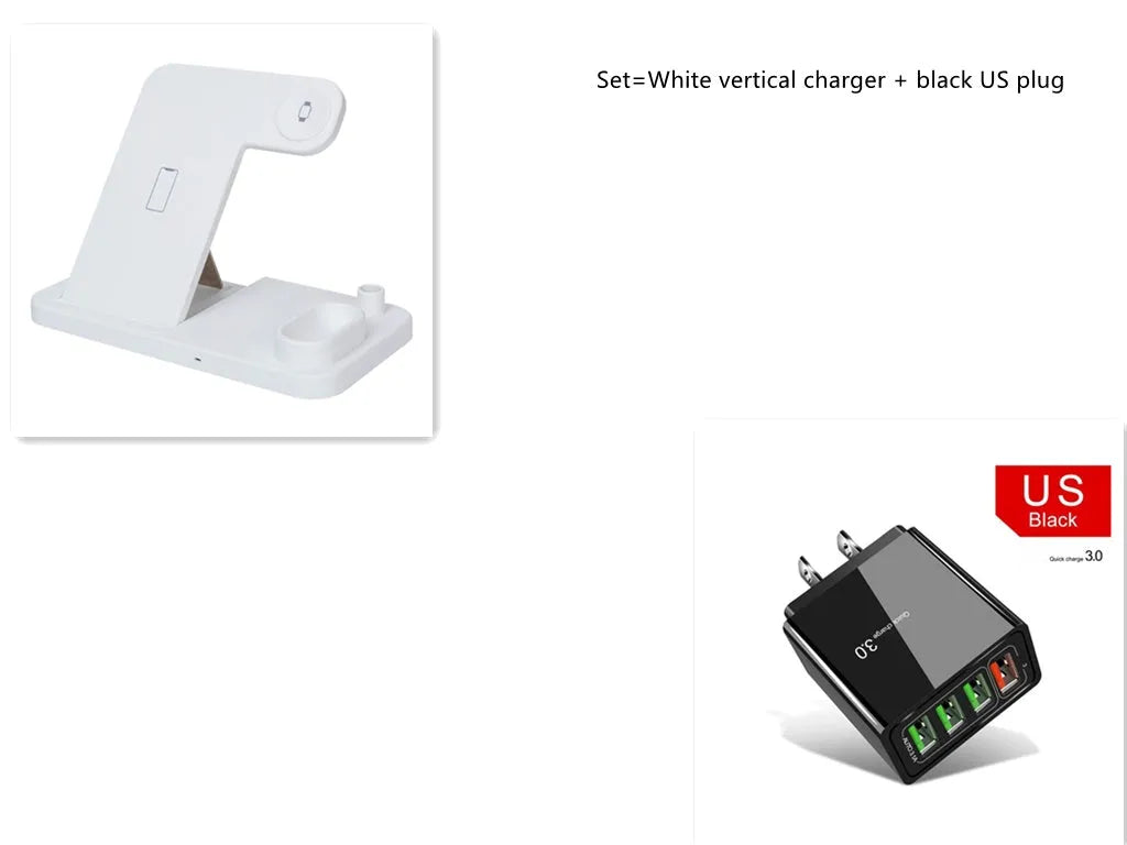 A white 4-in-1 wireless charger folded flat, showing charging pads for phone, Apple Watch, AirPods, and Apple Pencil.