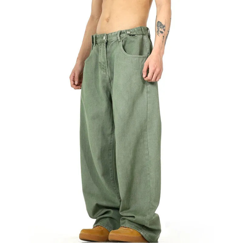 Men's high street washed jeans K640 Green non-stretch high-waist trousers with zip fly