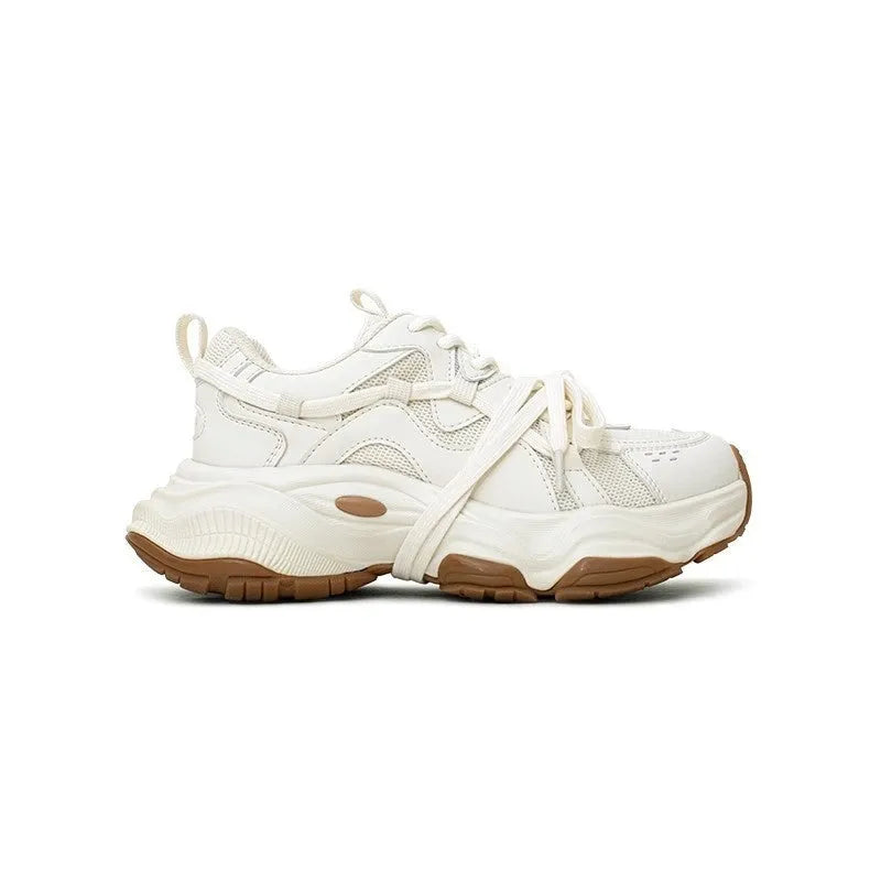 Women's milky white beige light running sneaker with platform heel and microfiber upper