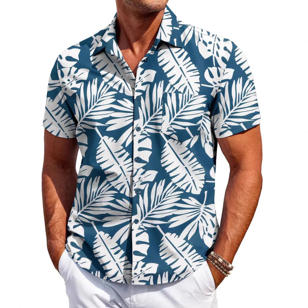 Man wearing a slim fit, short sleeve cardigan-style shirt in elastic polyester fabric.