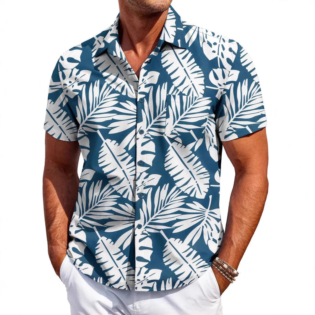 Man wearing a slim fit, short sleeve cardigan-style shirt in elastic polyester fabric.