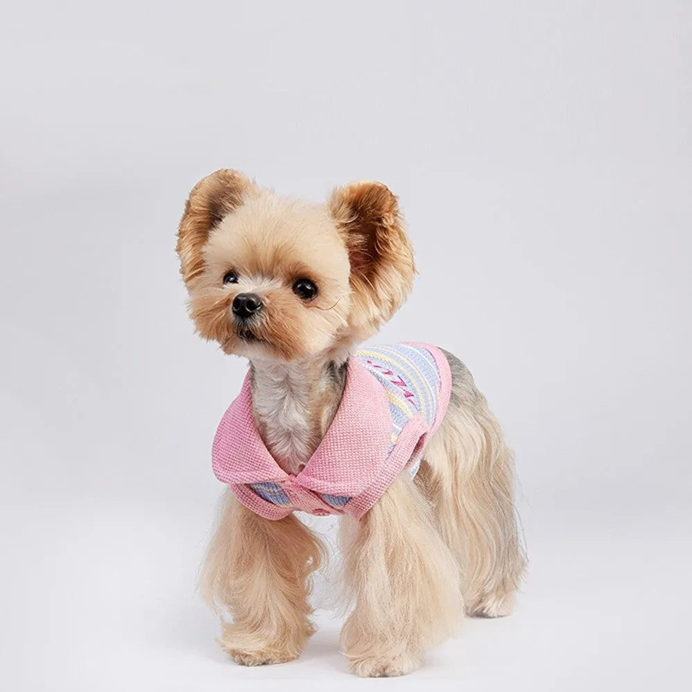 Pink purple dog vest for small breeds with buckle fastening, shown in size range from XXS to XXL.