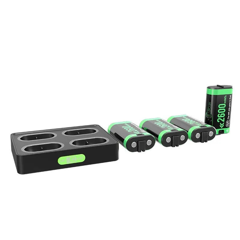 Black ABS battery charging base for Xbox One and Xbox Series S X controllers, 147 x 139 x 22 mm