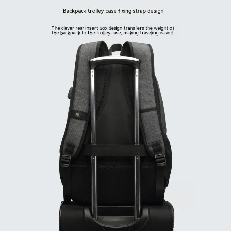 Grey USB charging backpack with dimensions 32cm length 15cm width 46cm height