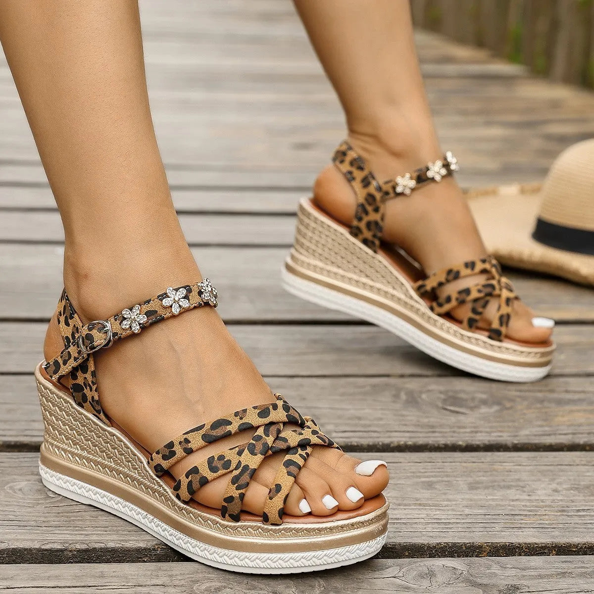 Light brown suede Roman style platform sandals with ankle buckle fastening