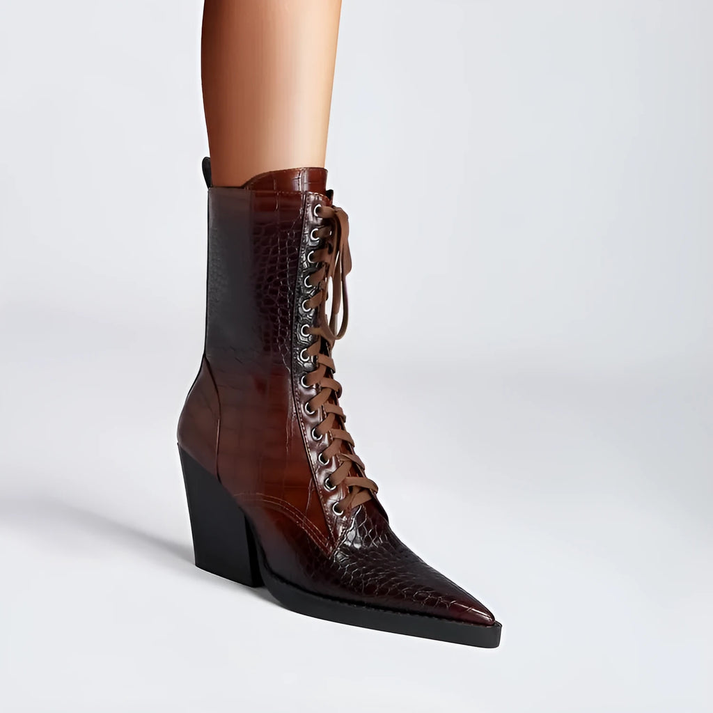 Women's dark brown retro ankle boots with stone pattern, pointed toe, lace front, and chunky heel