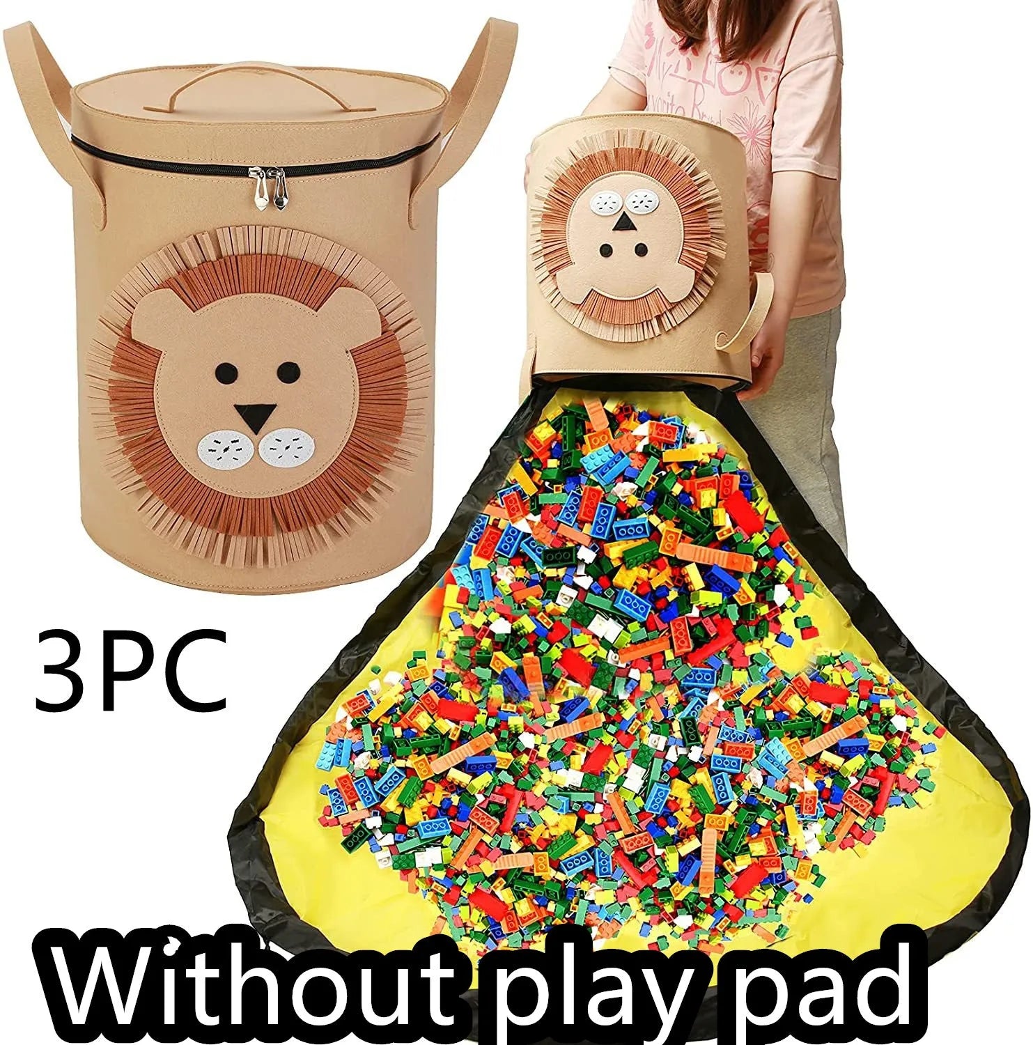 Green felt cube storage bag with pull rope, shown both as a flat play mat and gathered toy bag