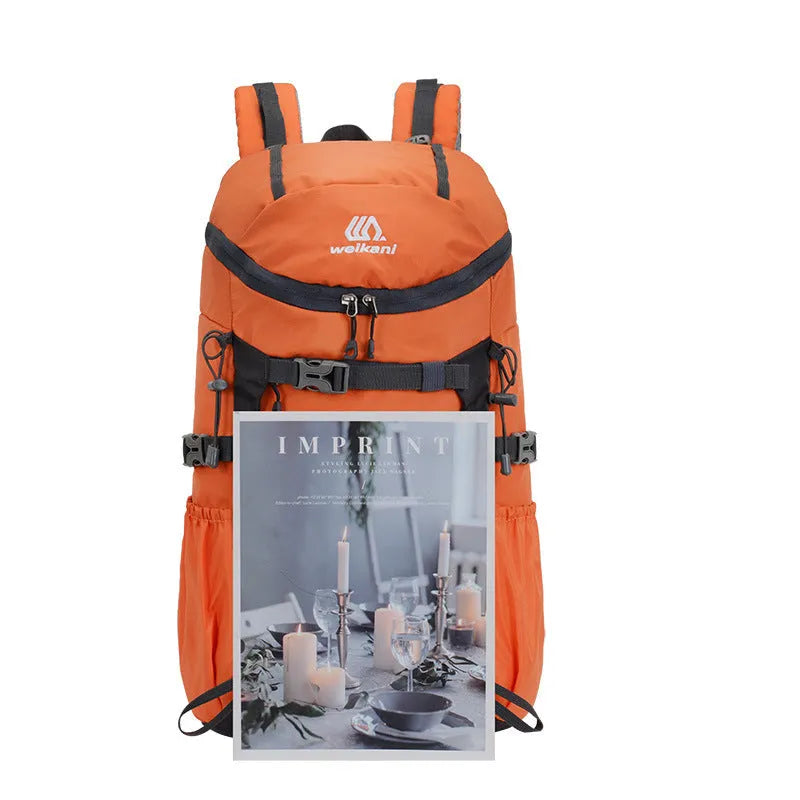 30L Oxford cloth hiking backpack in Army Green with curved shoulder straps and SOS whistle