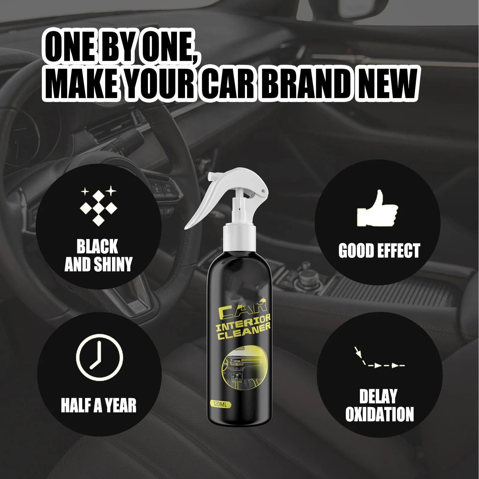 120ml bottle of car interior renovation cleaner for leather, plastic, and dashboard surfaces.