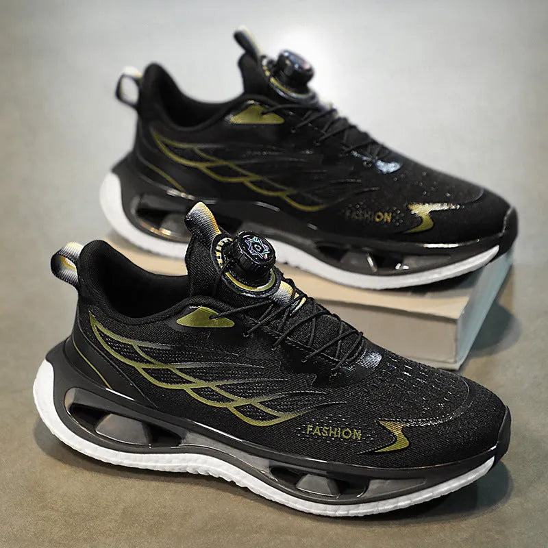 Men's low-top rotating button sneaker in black, light blue, or white and blue, with mesh or leather upper.