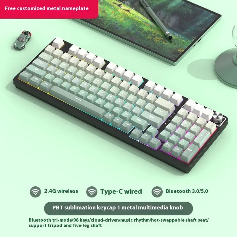 98-key wireless Bluetooth mechanical keyboard kit with metal knob on desk