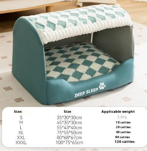 Brown bear-shaped enclosed dog kennel pet bed with removable cover on a wooden floor.
