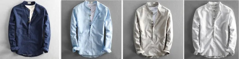 Men's casual long linen sleeves shirt loose solid colour light gray front view