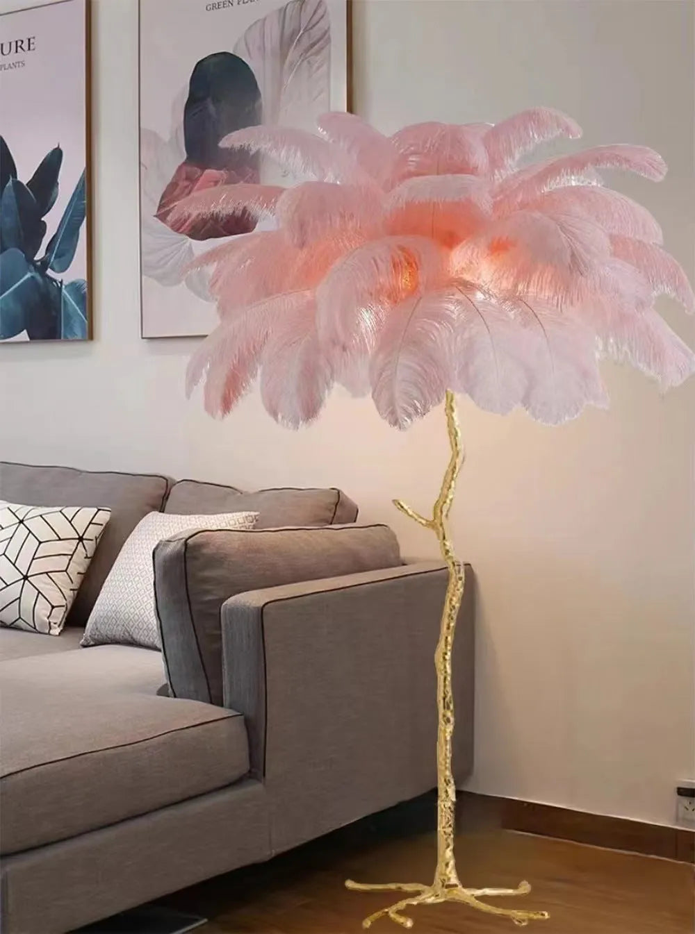 Decorative resin feather floor lamp with 32 feather elements in living room setting