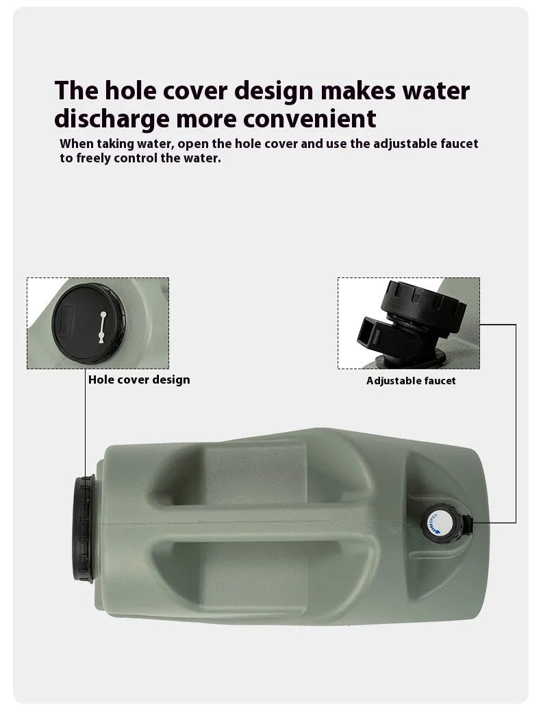 Green collapsible water storage tank showing 13 litre and 18 litre capacity options.