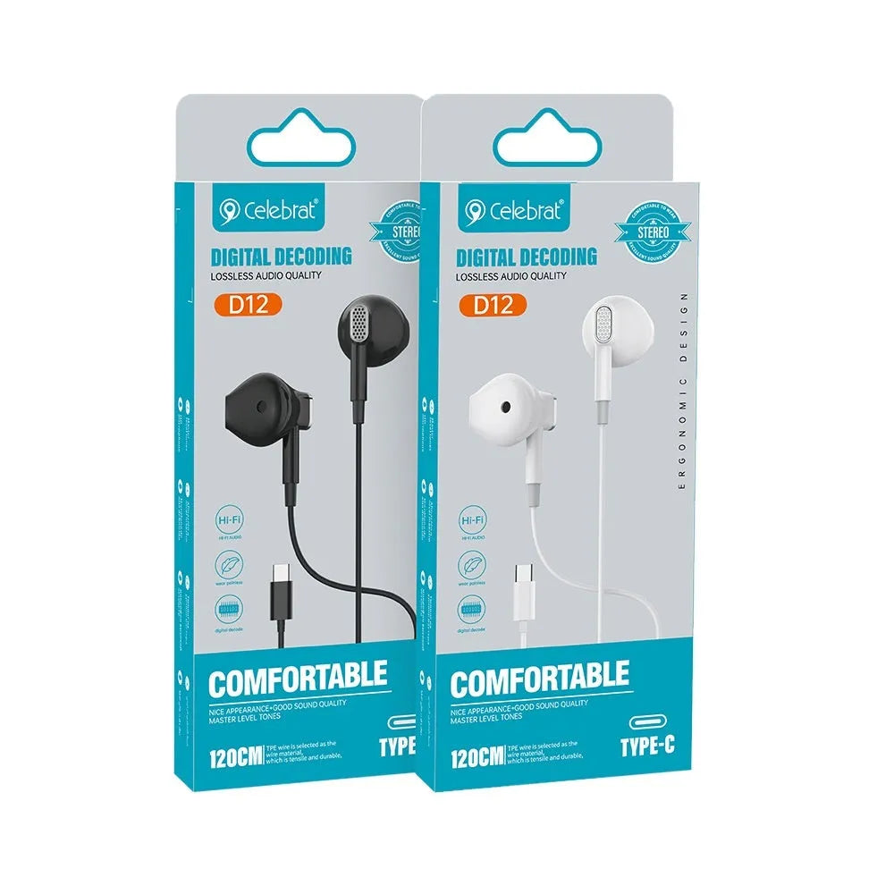 Celebrat new TYPE-C wired semi-in-ear headset with 1.2m cable in black and white colour options