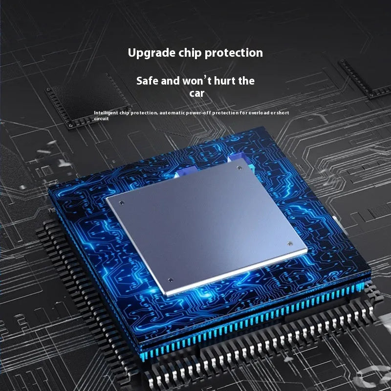 Black 12V portable digital tyre inflator with LED light and display, shown with air hose and power cable.