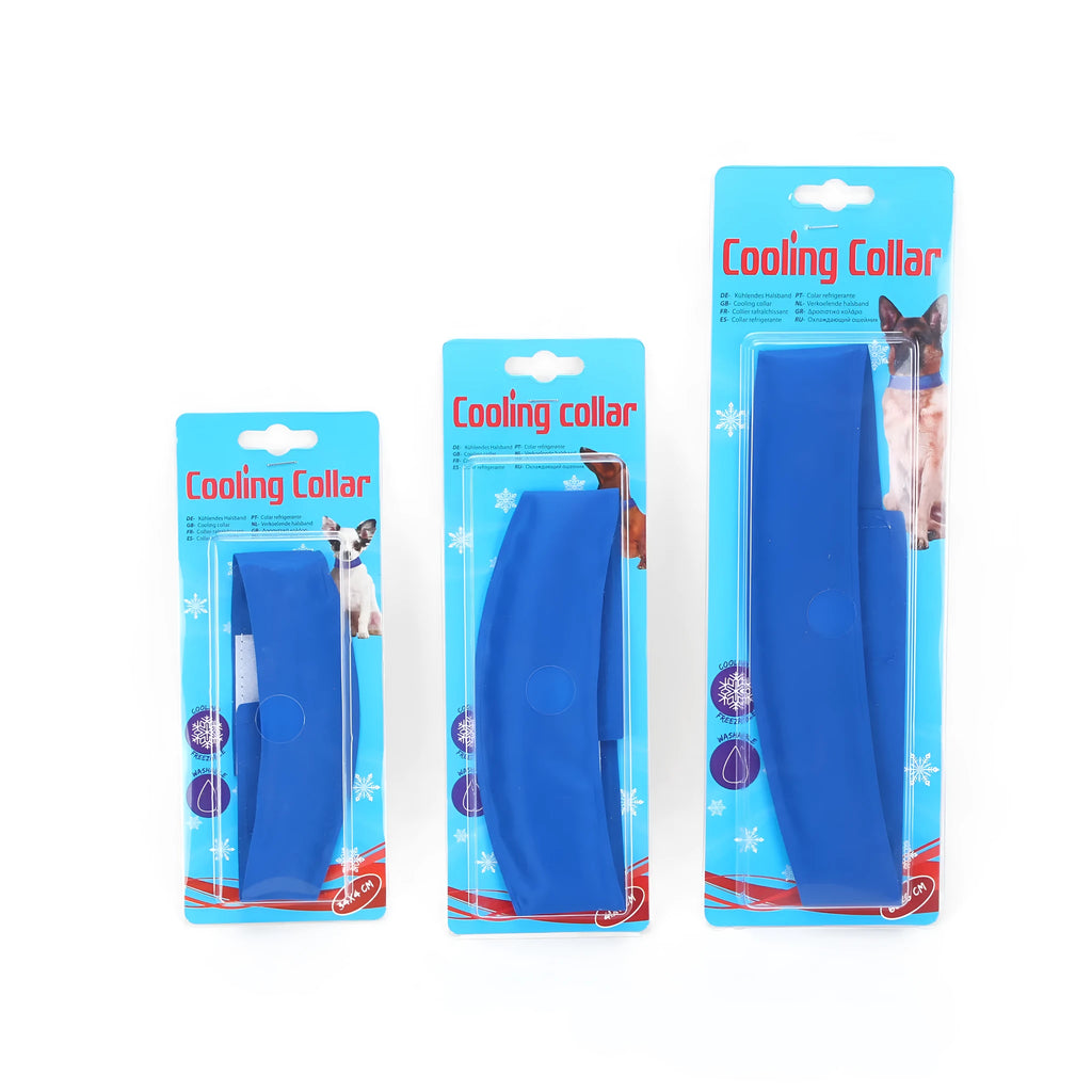 Blue gel pet cooling collar for dogs and cats, smooth non-stick surface, sizes S M L