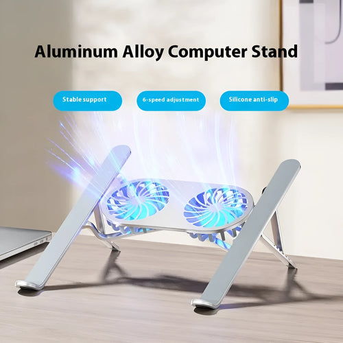 Silver aluminium laptop stand with twin cooling fans in folded position next to cloth storage bag