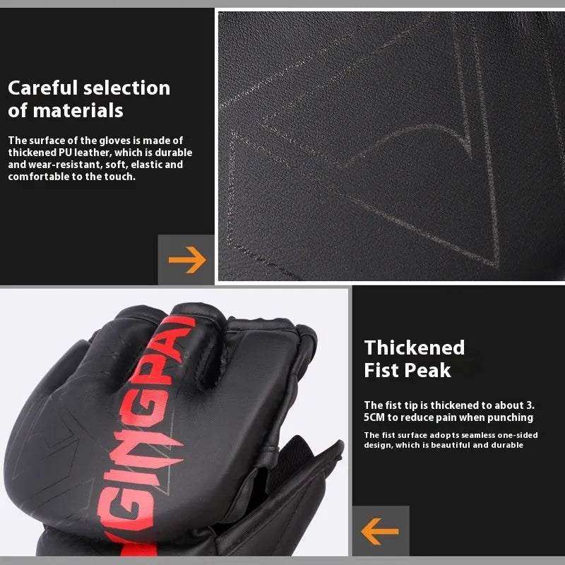 Sanda training gloves in black with breathable PU construction for combat sandbag practice