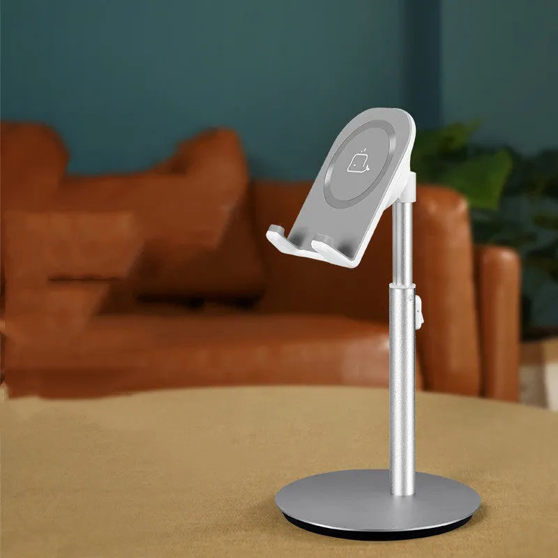 Silver metal S1 computer phone holder supporting tablet on desktop