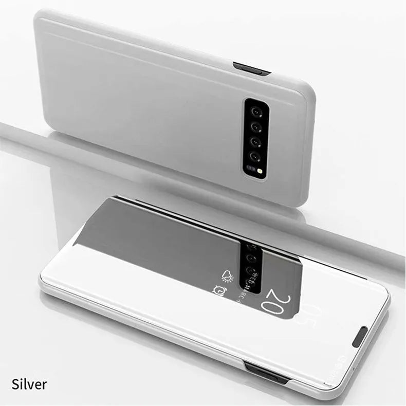 Luxury leather transparent mirror flip phone case for Samsung S10 Plus in black