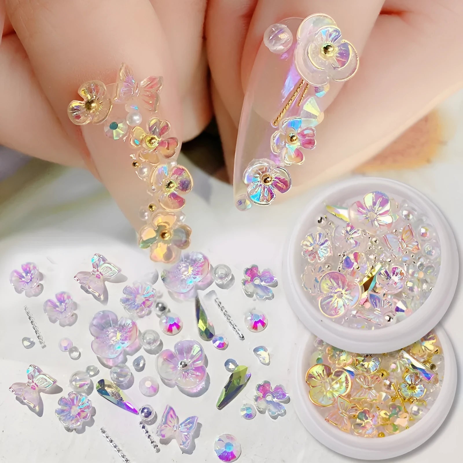 Jar of nail sequins with flower and butterfly shapes in 6 colours, 15g net content