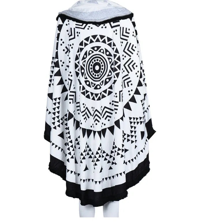 Round printed polyester beach mat with tassel fringe in colour combination design 150cm diameter for seaside yoga