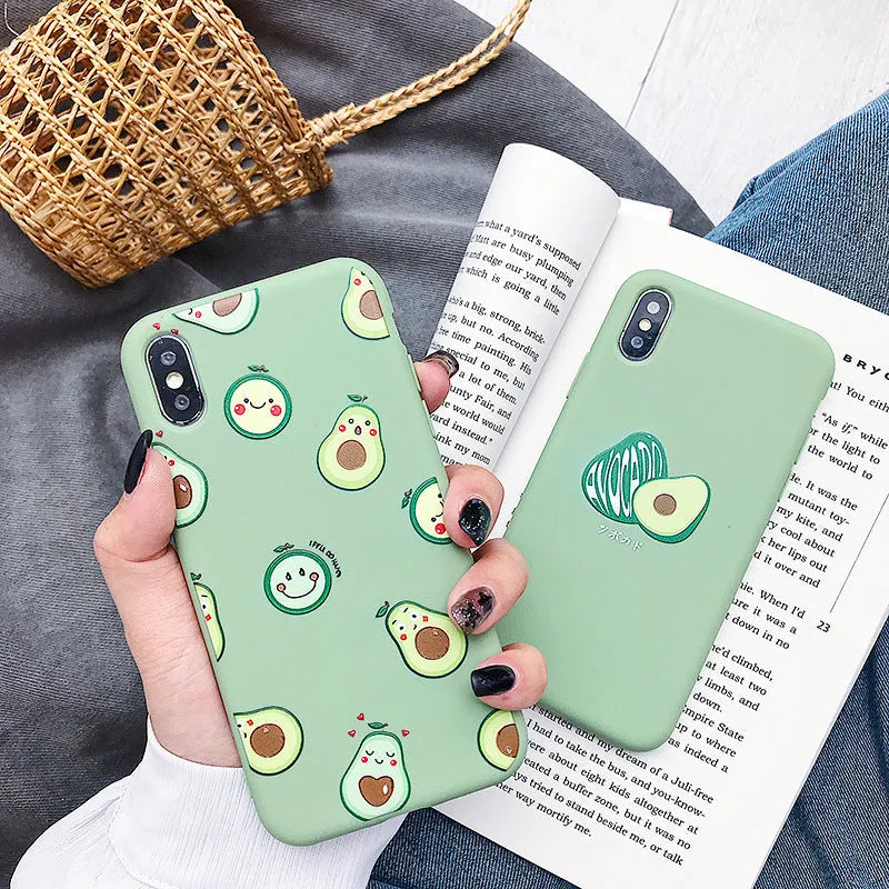 Avocado cartoon design on a flexible TPU phone case for Apple iPhone.