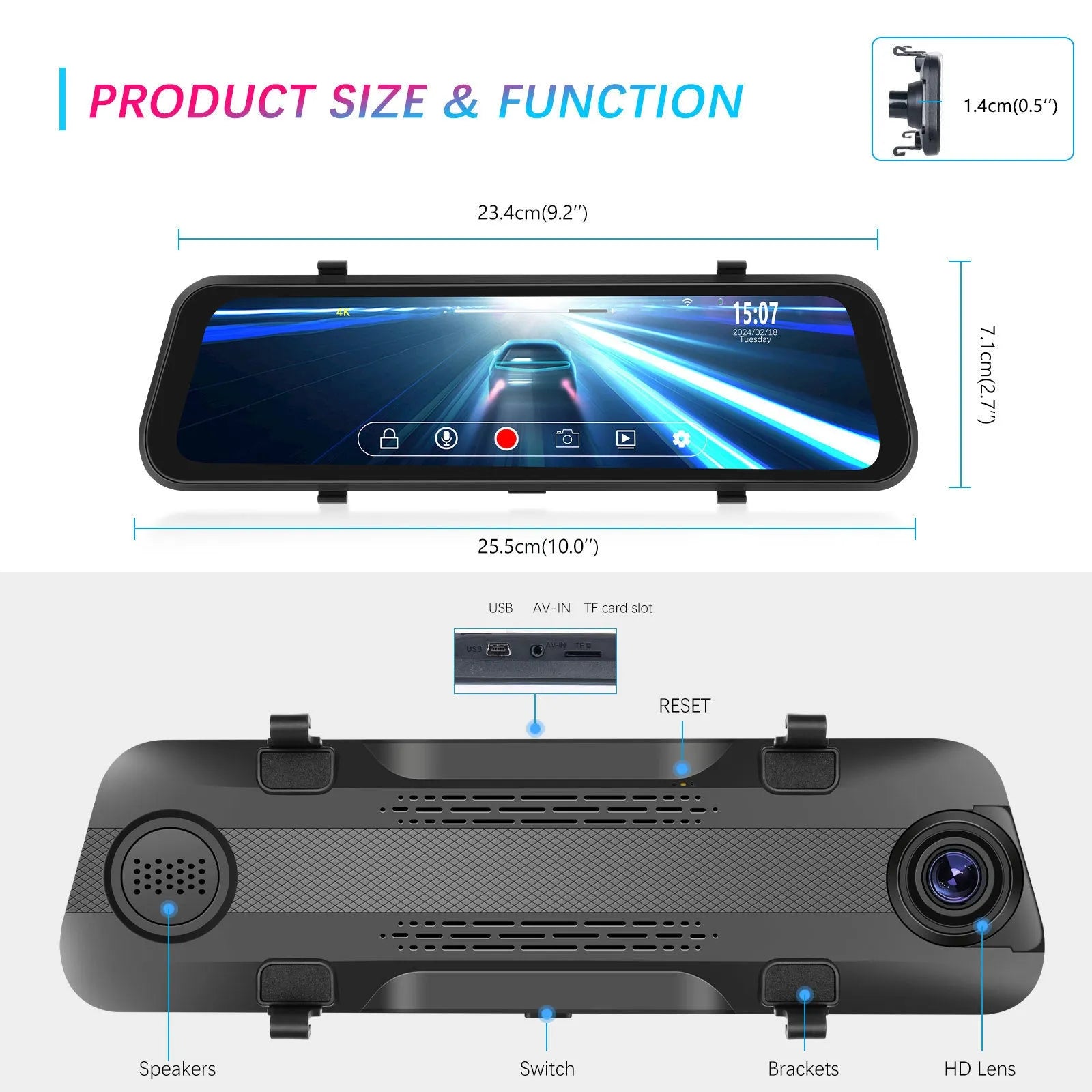 9.66 inch streaming media rear view mirror dash cam with dual cameras and touch screen display