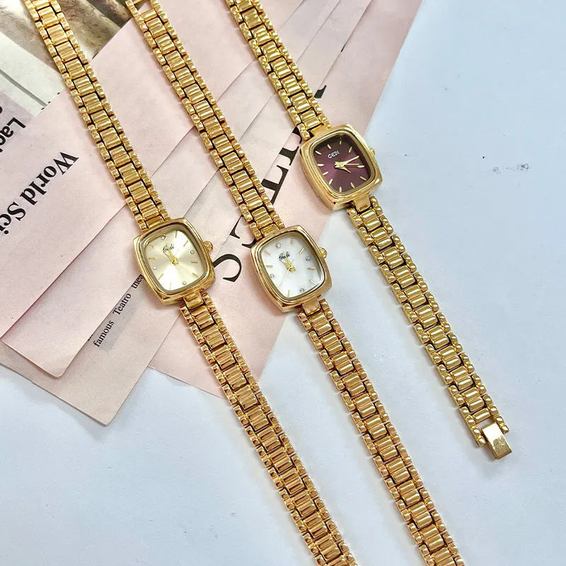 Small gold watch with alloy strap and case, 8mm thick, gold band and choice of four face colours