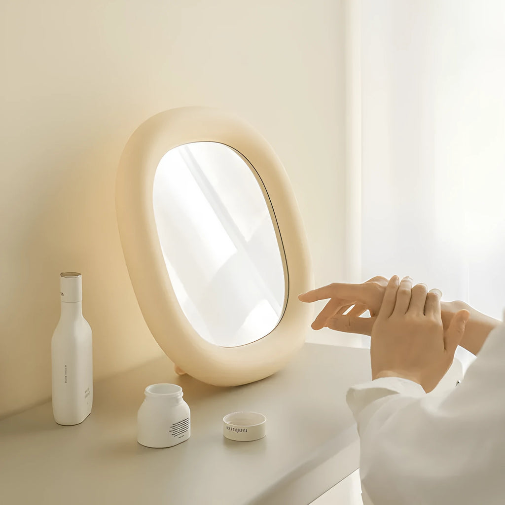 Desktop bubble mirror with high-definition aluminium lens in cream yellow colour, 322mm x 340.5mm, white backing