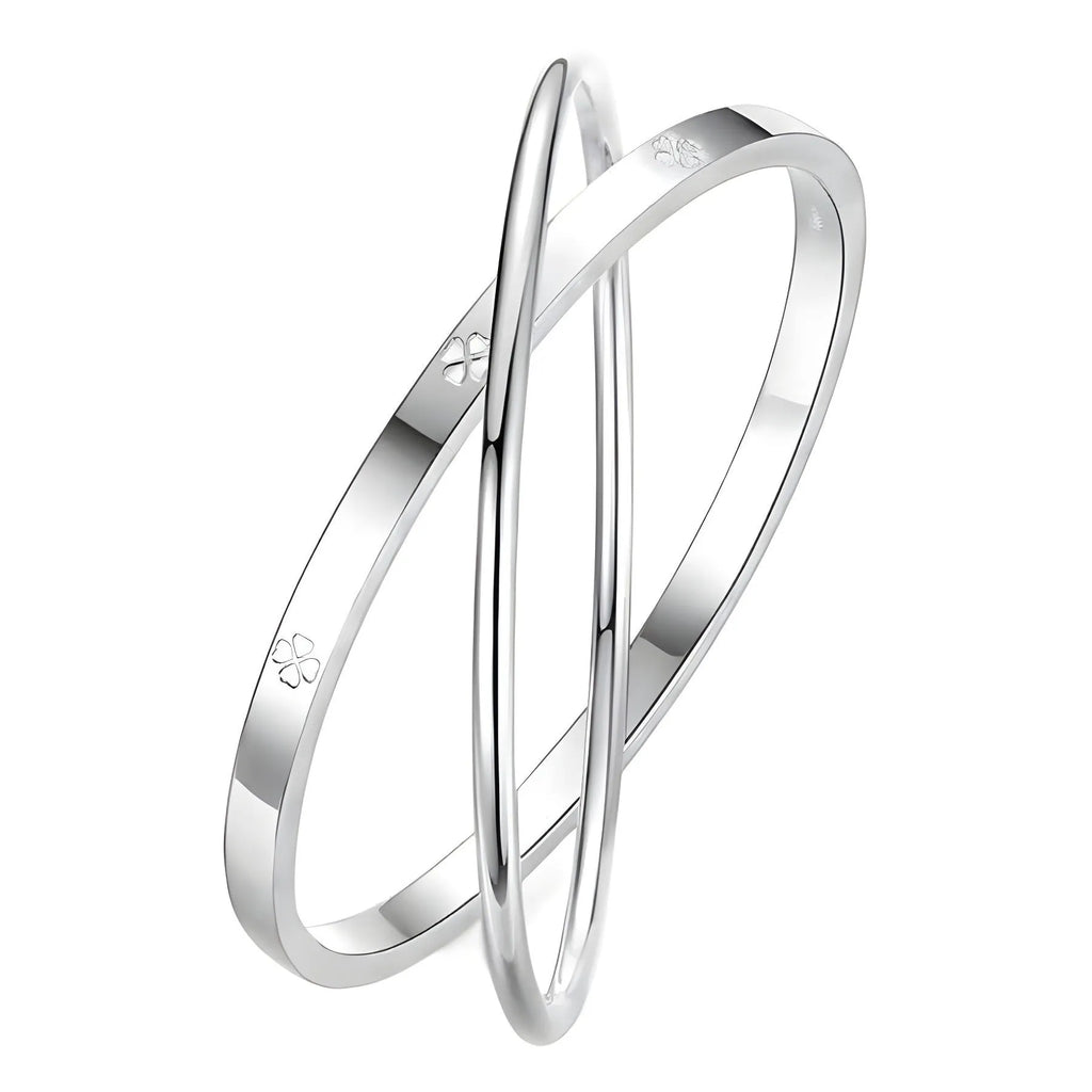 Women's silver-plated copper closed double ring bracelet in a geometric shape, smooth surface, available in 56mm to 62mm sizes