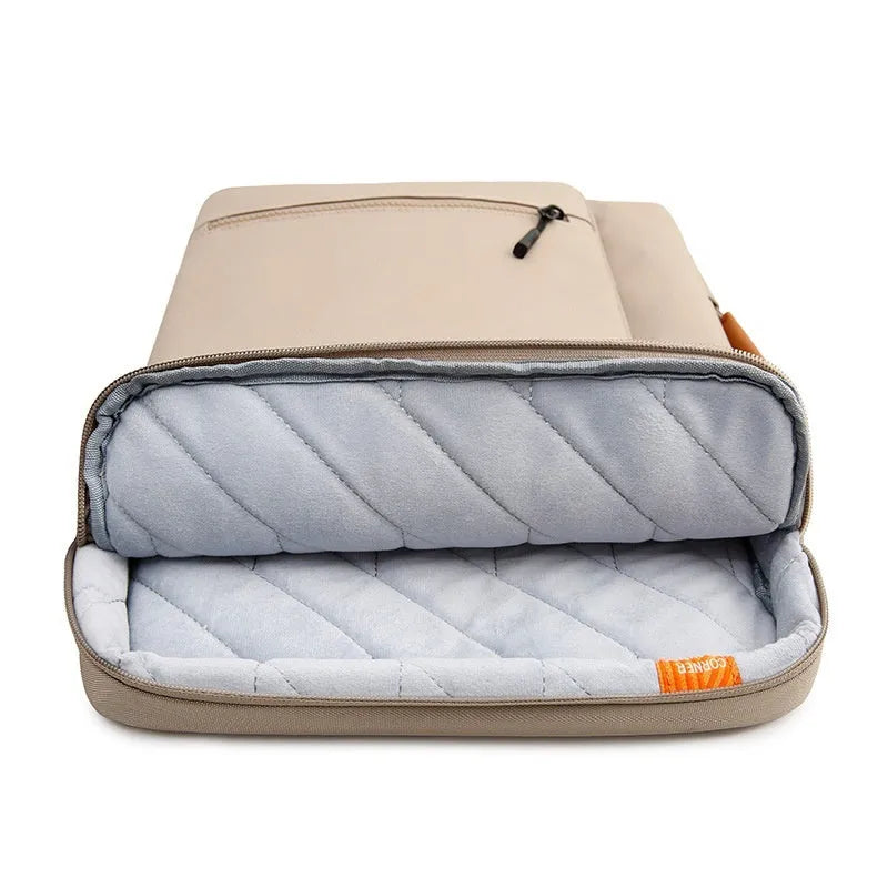 14 inch nylon laptop sleeve with silk cloth lining, seismic protection, shown in khaki, pink, blue, and black