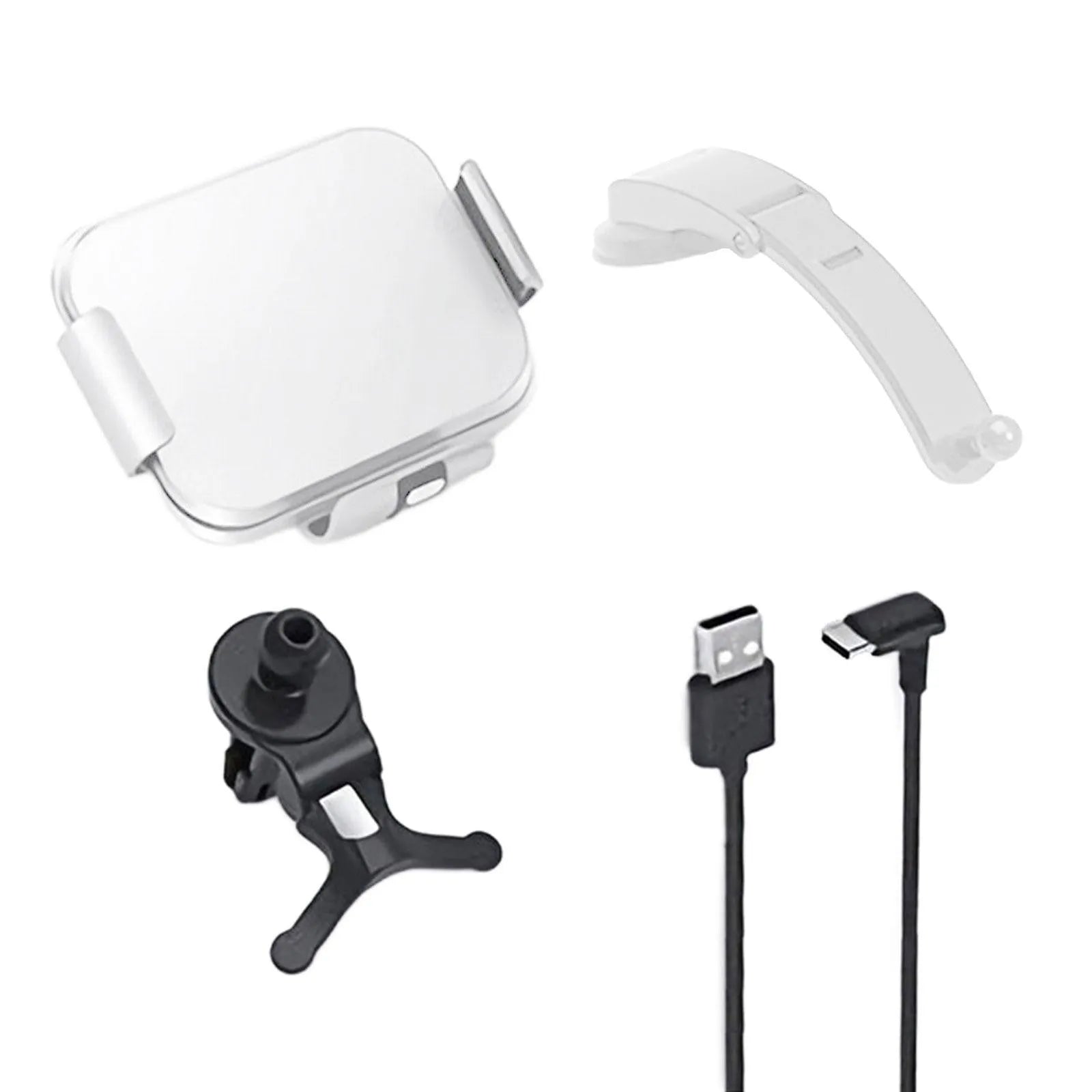 Grey and white wireless charging mobile phone holder for car with folding screen, air conditioner clip, and suction cup bracket.
