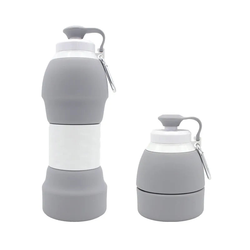 Blue silicone folding water bottle shown expanded and collapsed next to backpack for size comparison