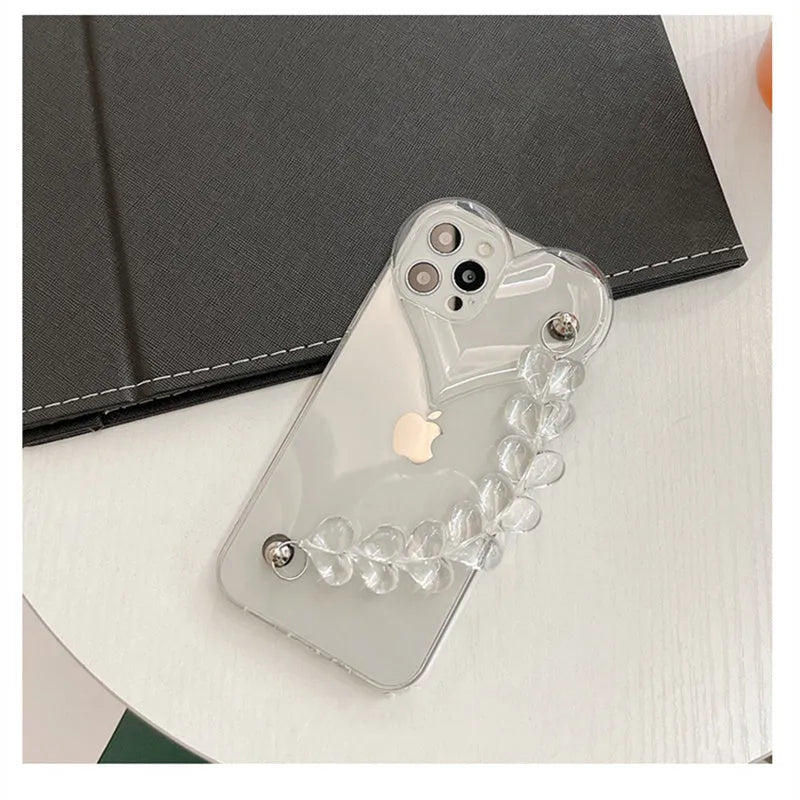 Transparent iPhone case with a love heart and bracelet chain design on a soft TPU background.