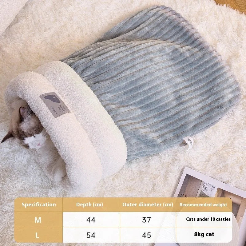 Brown semi-enclosed cat sleeping bag with plush cotton velvet and lambswool construction on a wooden floor.