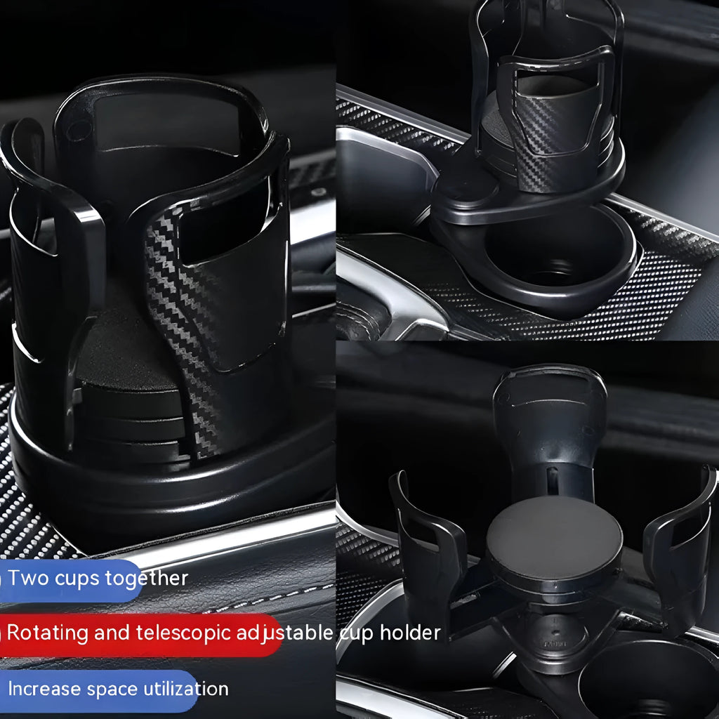 Double-layer rotating car cup holder in black, 11.6x8.7x19.1cm, on car centre console with water bottle