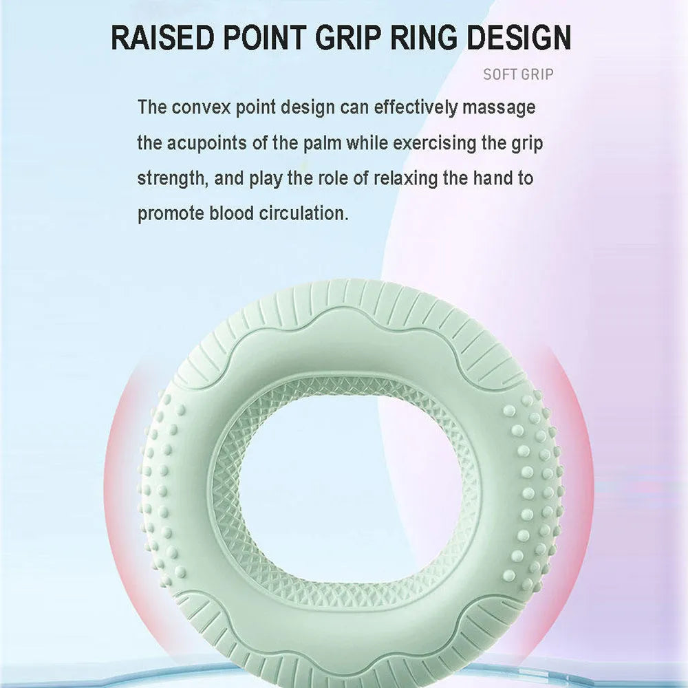 Silicone hand grip ring in five colours showing textured surface and compact 7.4cm size for finger and forearm strength training